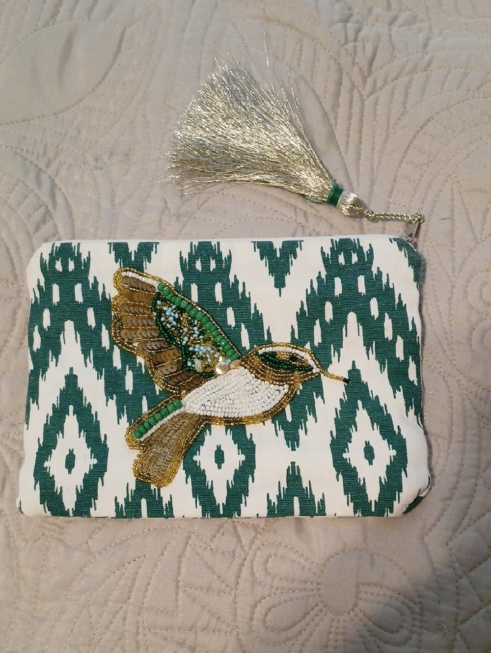 Beaded Hummingbird Embellished Zipper Bag - Teal & Gold